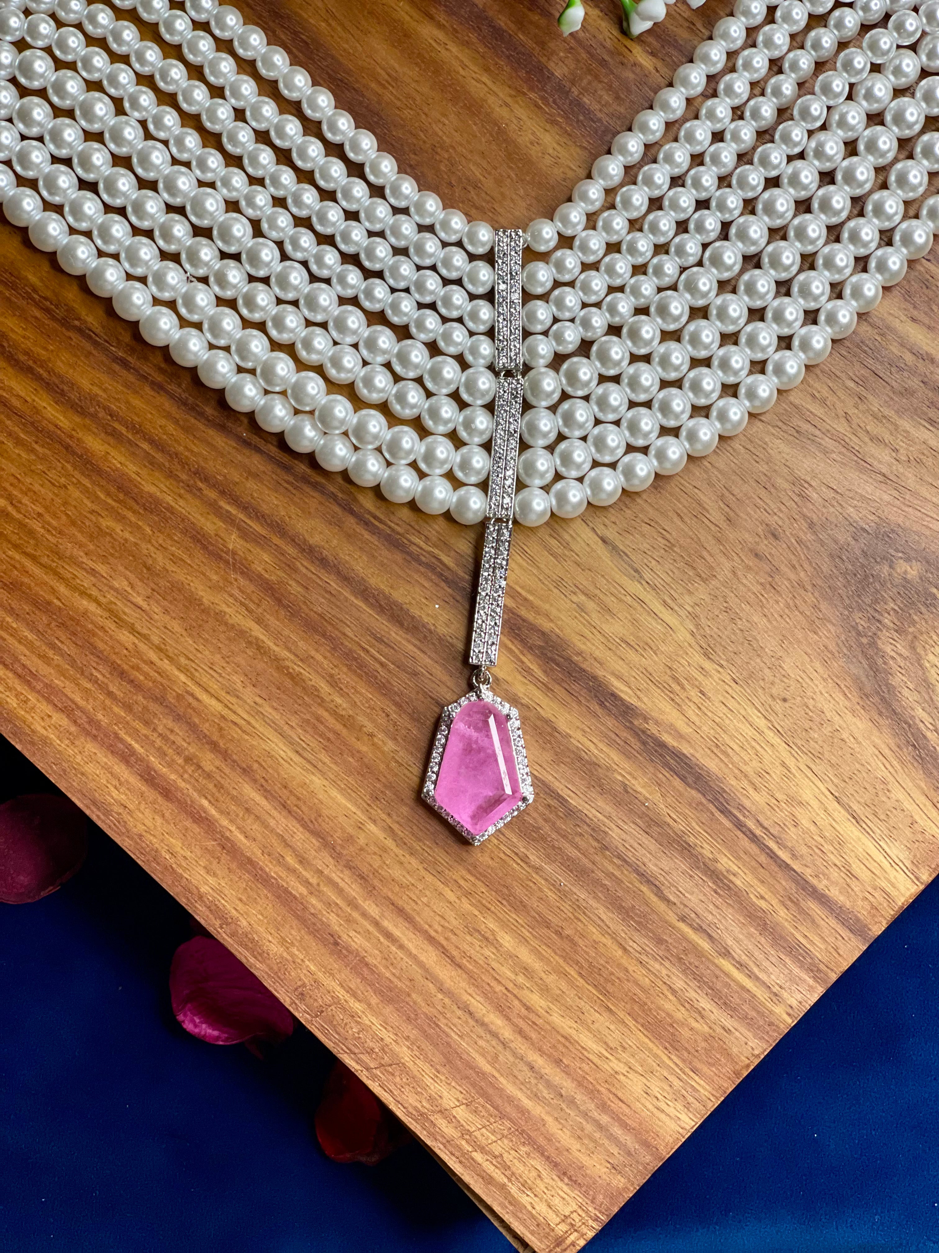 Pink Multi-Layer Pearl Drop Necklace Set