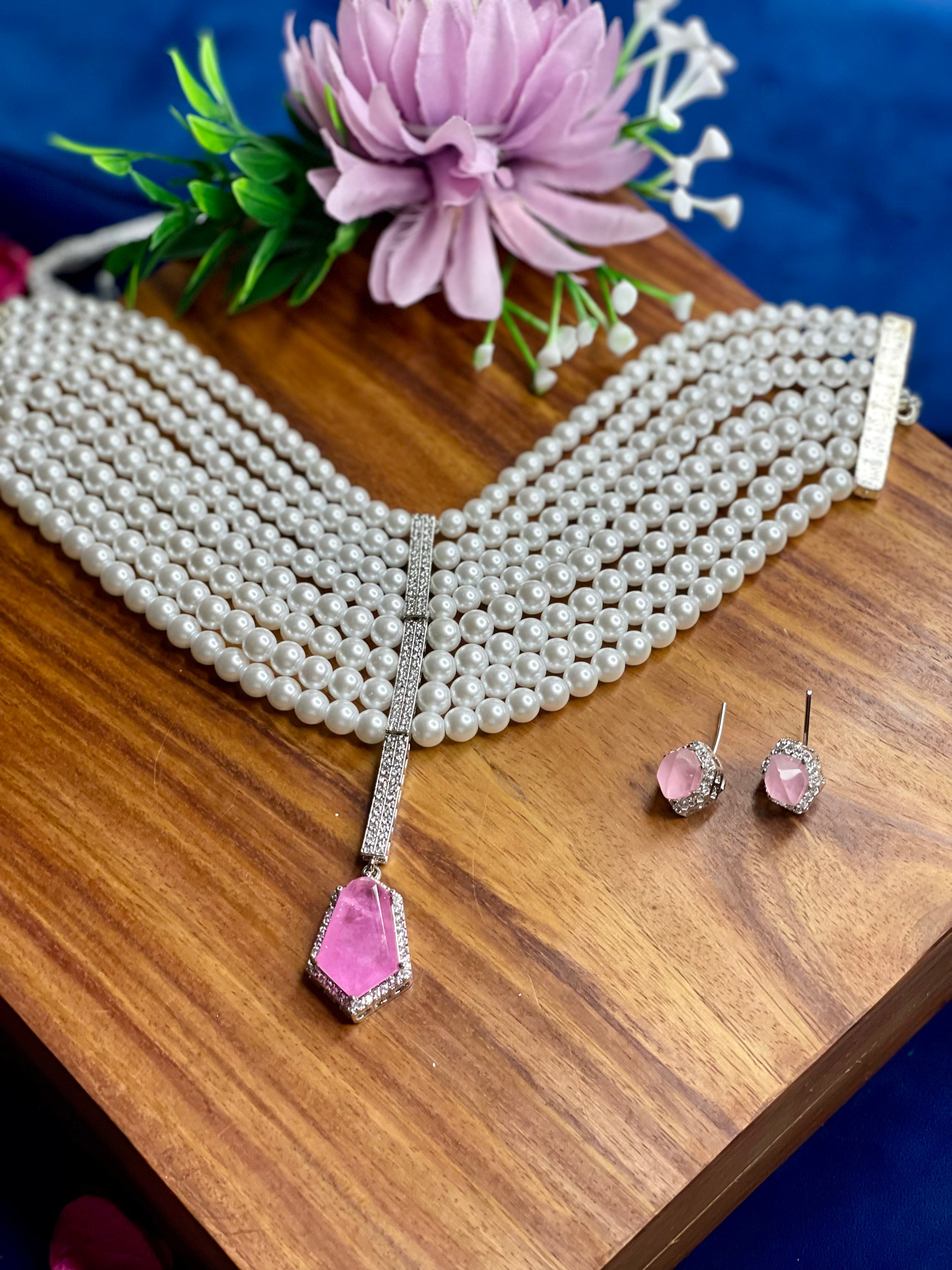 Pink Multi-Layer Pearl Drop Necklace Set