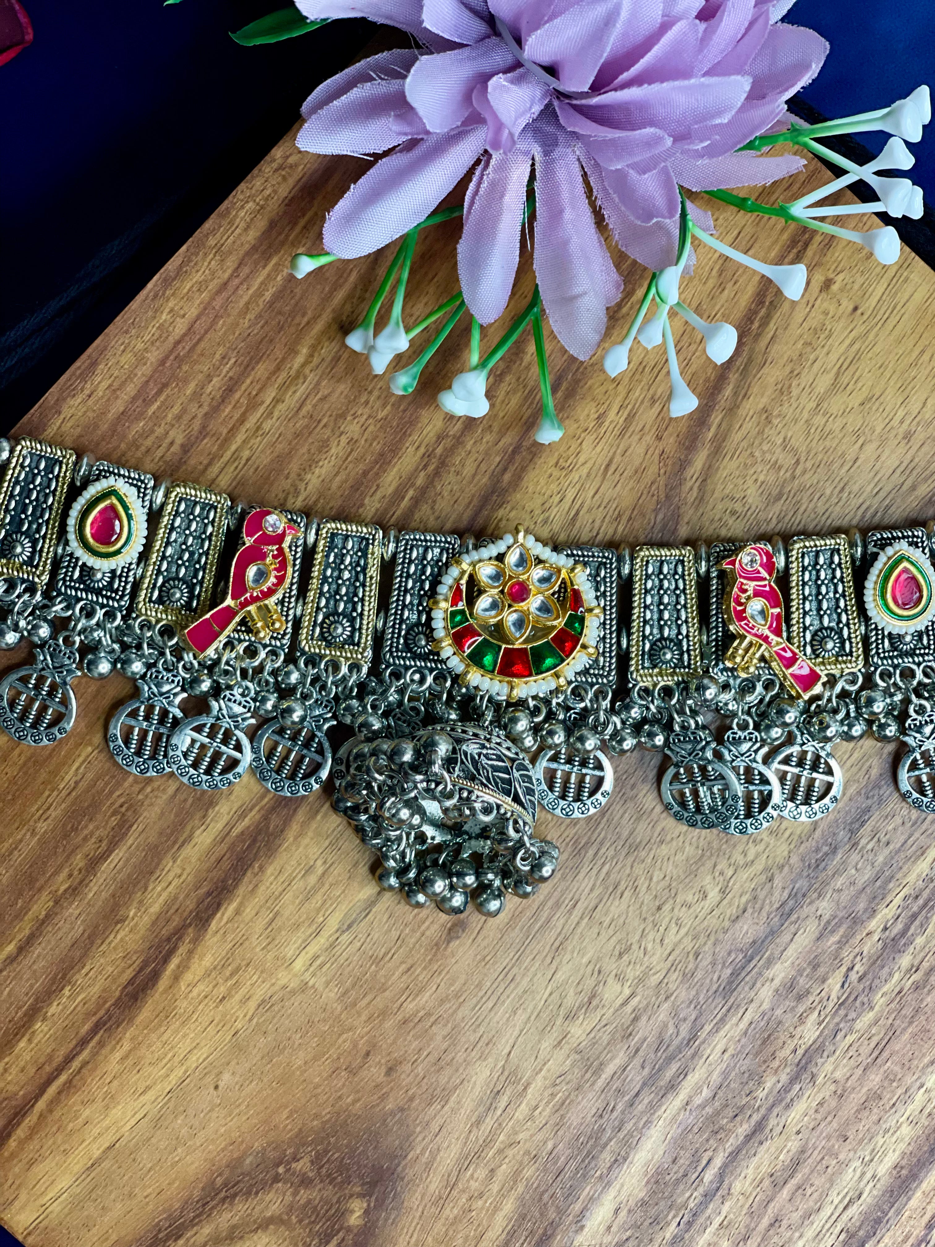 Oxidized Meenakari Parrot Heritage Ghungroo Choker Set