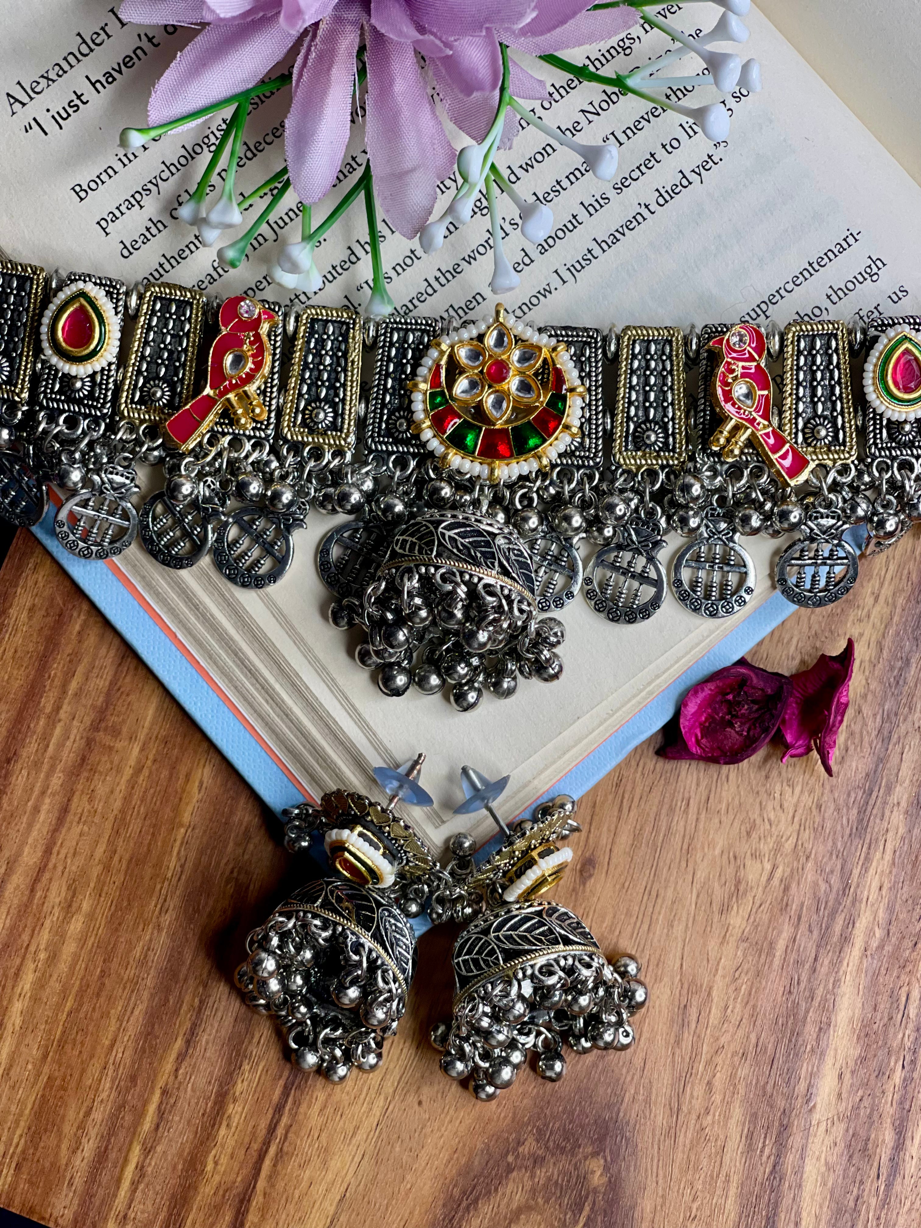 Oxidized Meenakari Parrot Heritage Ghungroo Choker Set