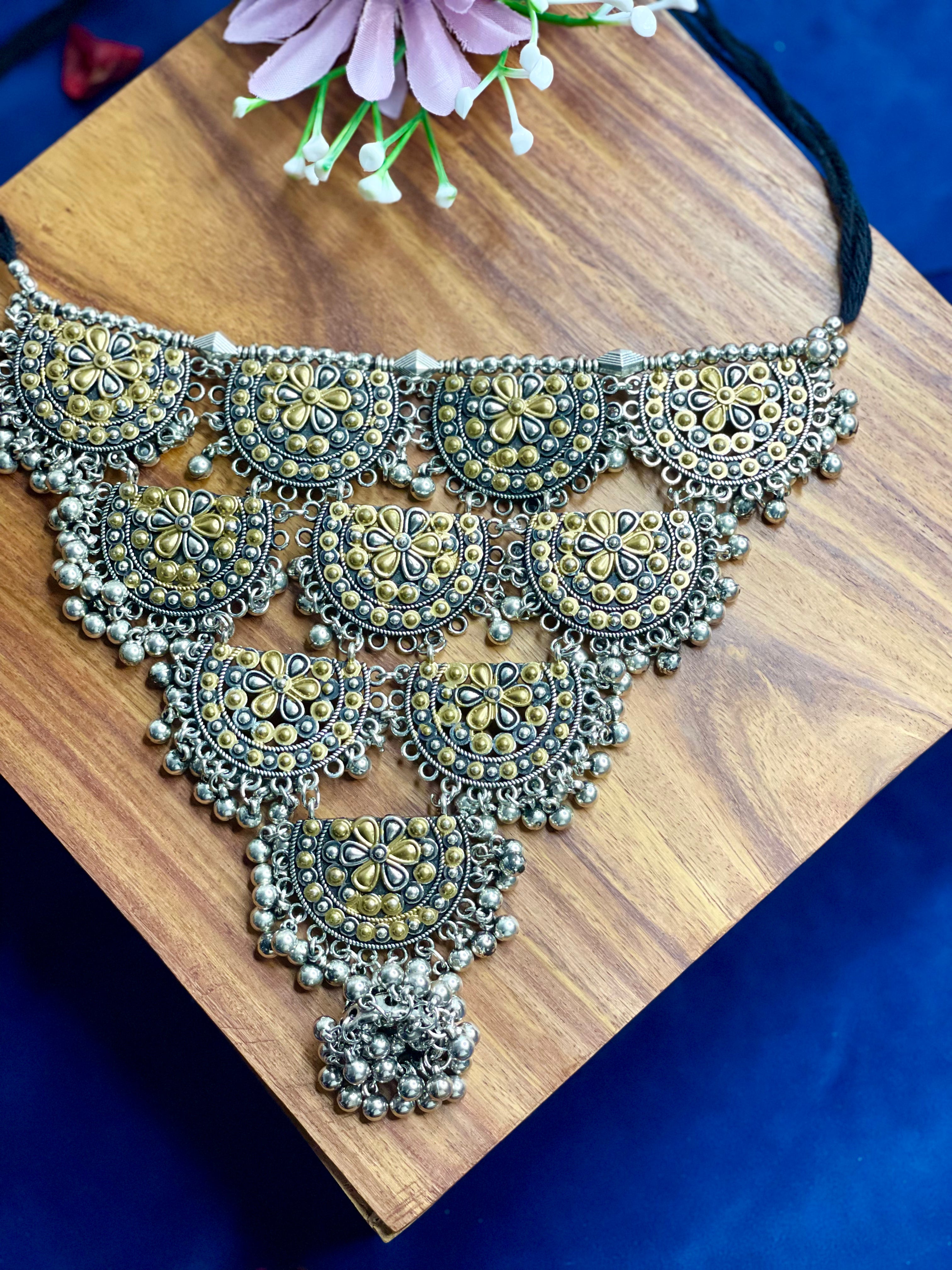 Oxidised Fusion Floral Ghungroo Choker Set