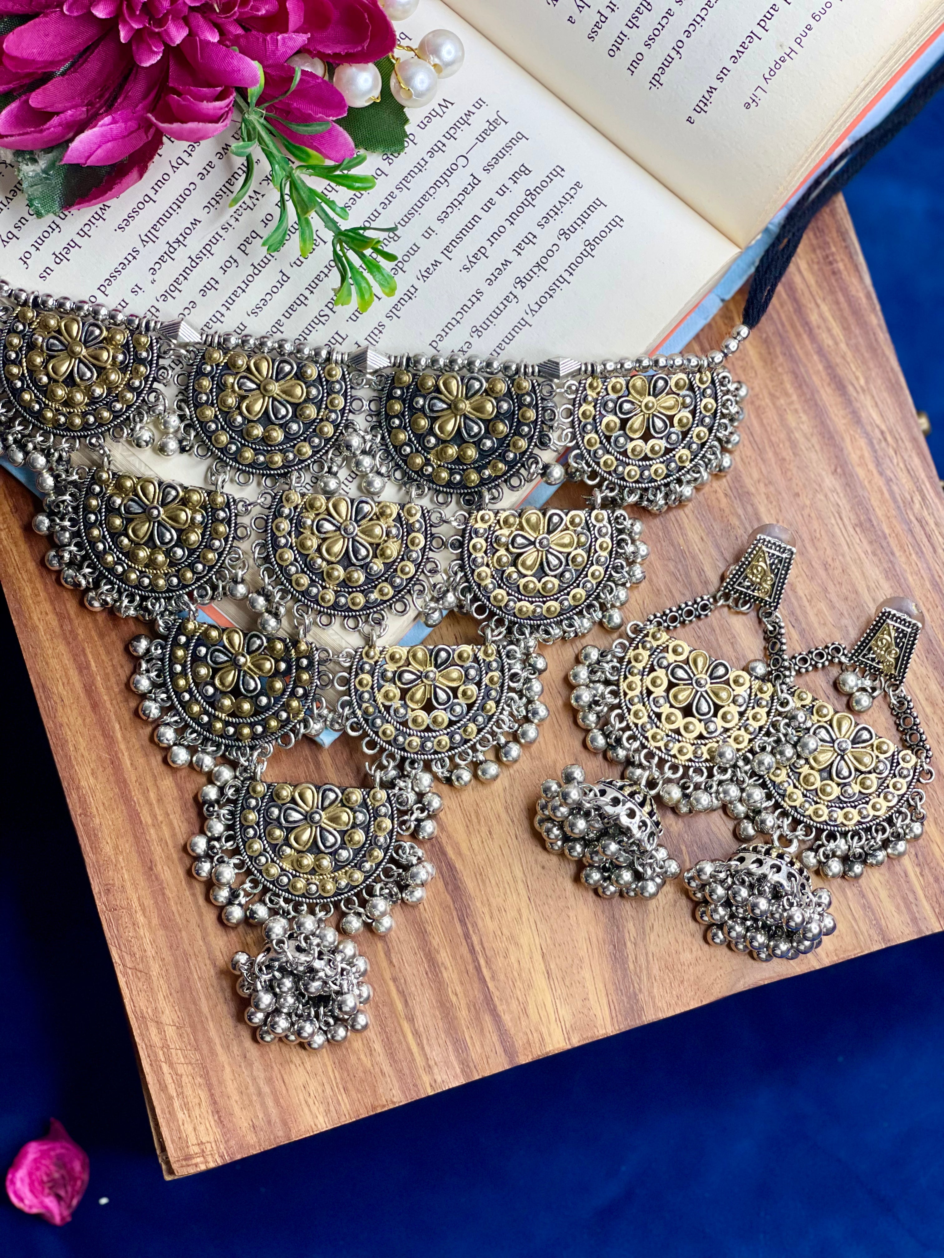 Oxidised Fusion Floral Ghungroo Choker Set