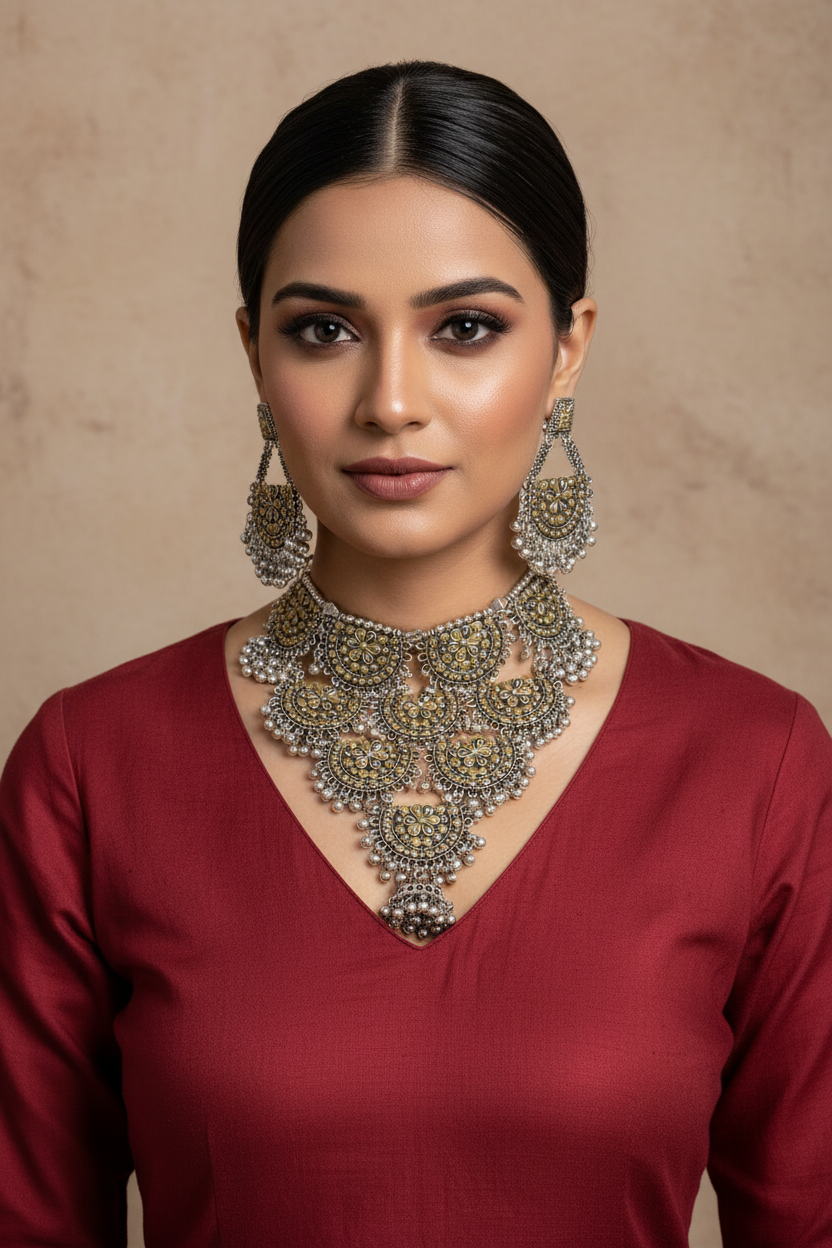 Oxidised Fusion Floral Ghungroo Choker Set