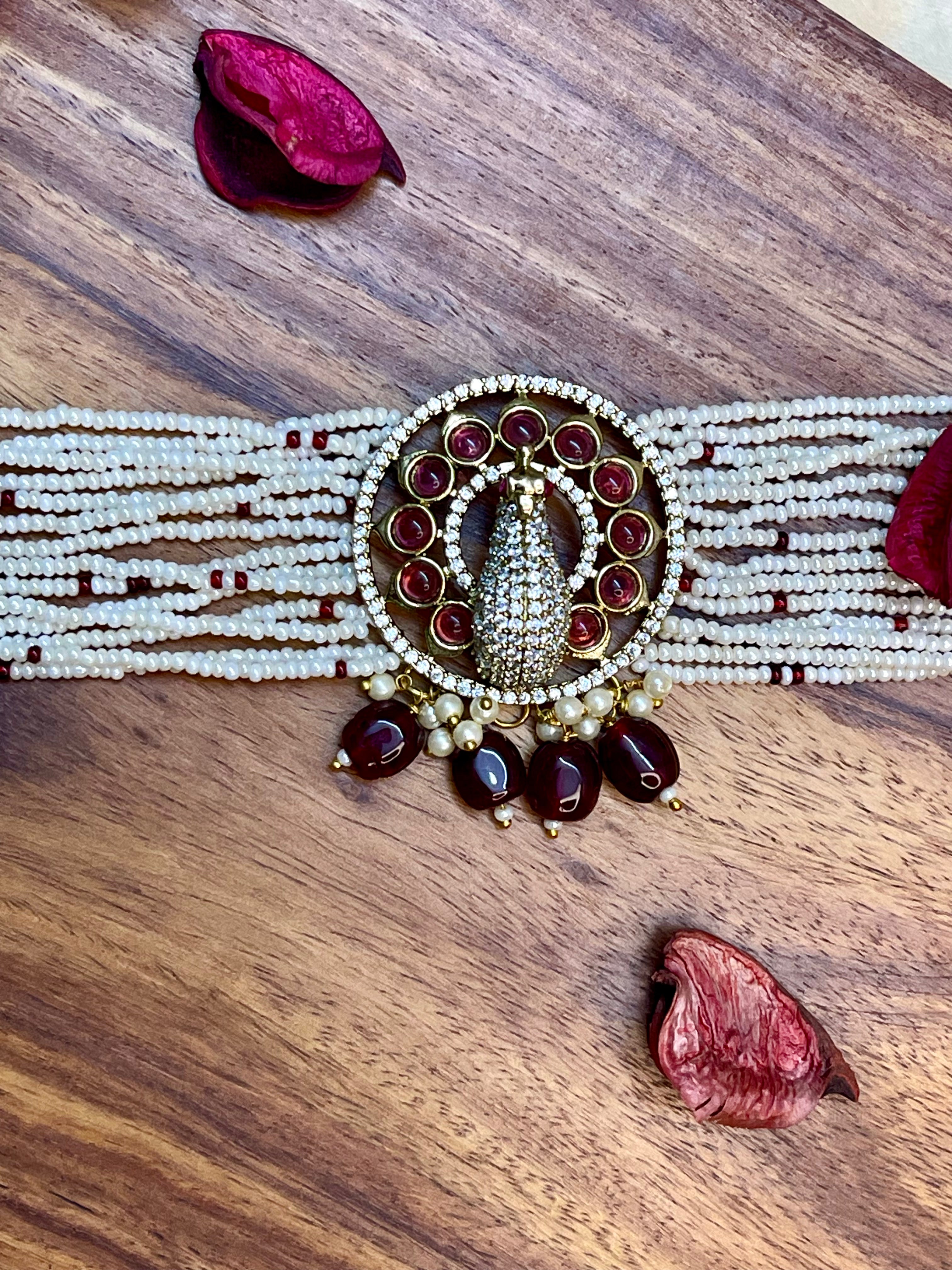 Ruby Pearl Peacock Choker Set