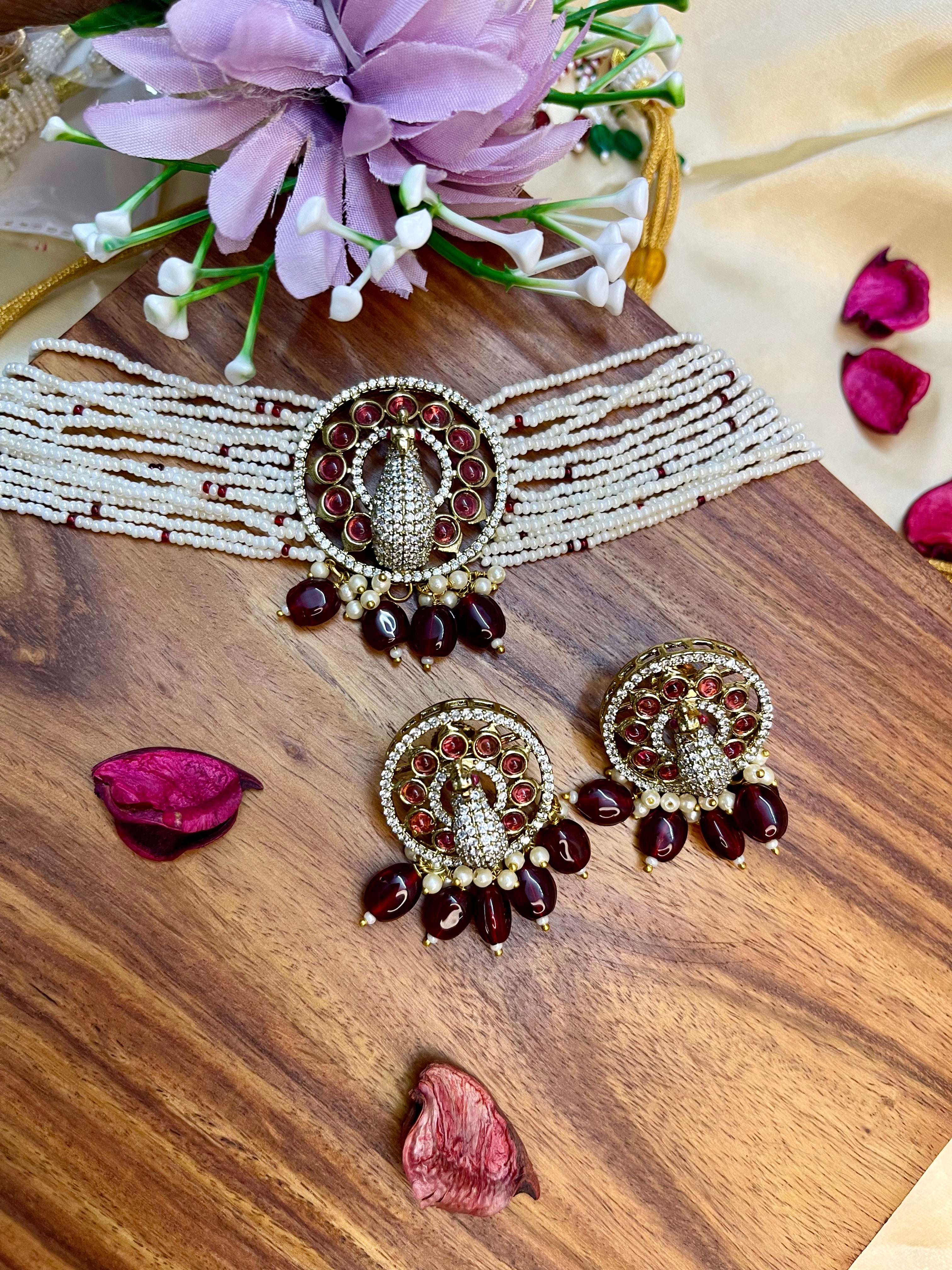 Ruby Pearl Peacock Choker Set