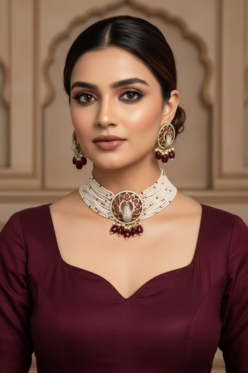 Ruby Pearl Peacock Choker Set