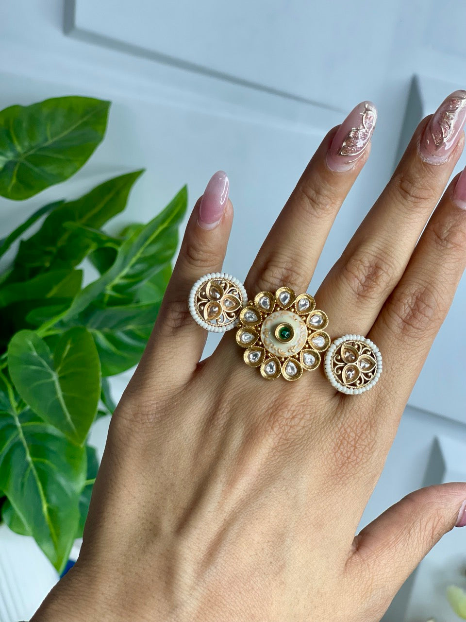 Gold  Rajwadi Statement Two Finger Ring