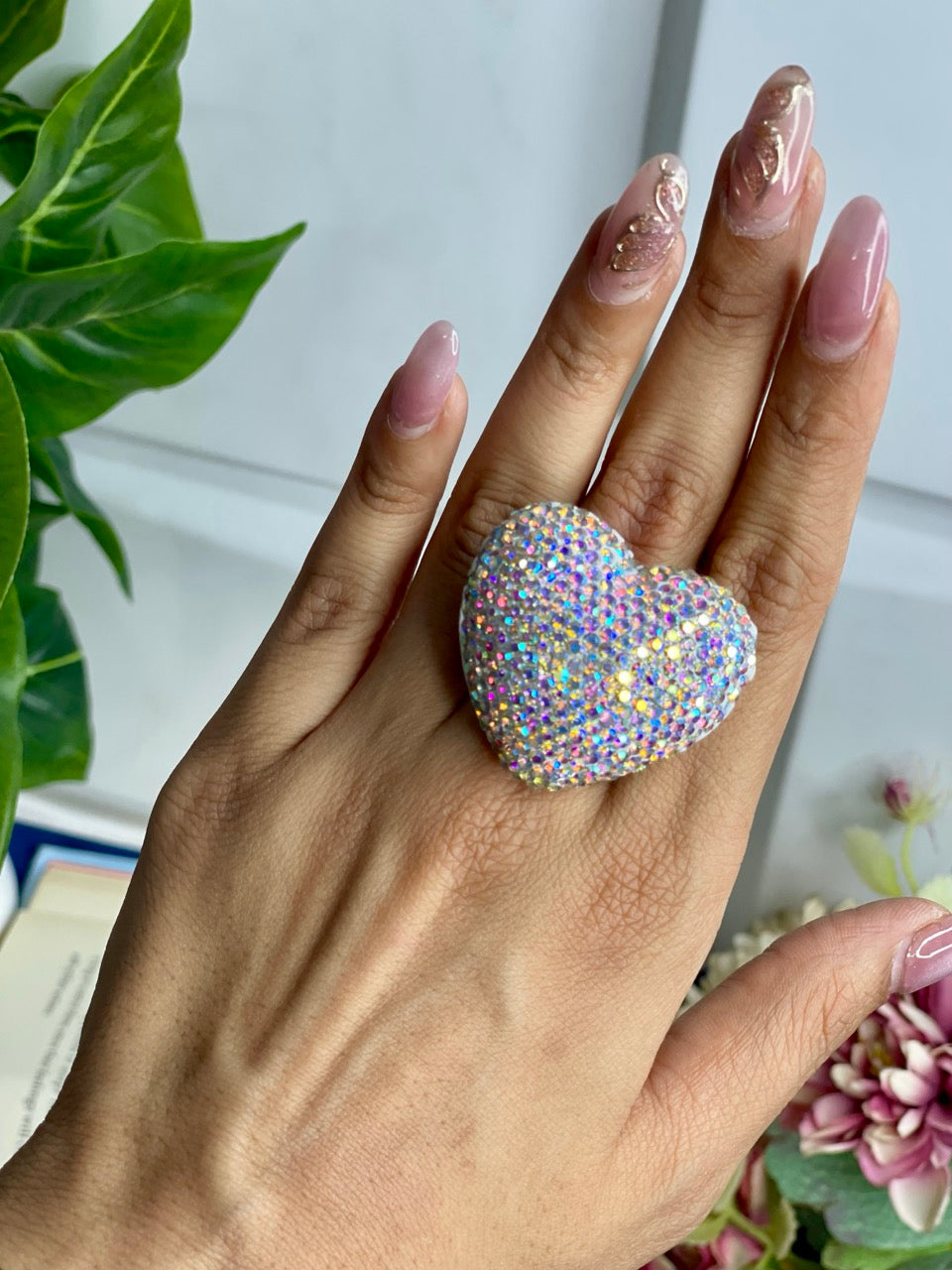 Rainbow Bling Heart Cocktail Ring