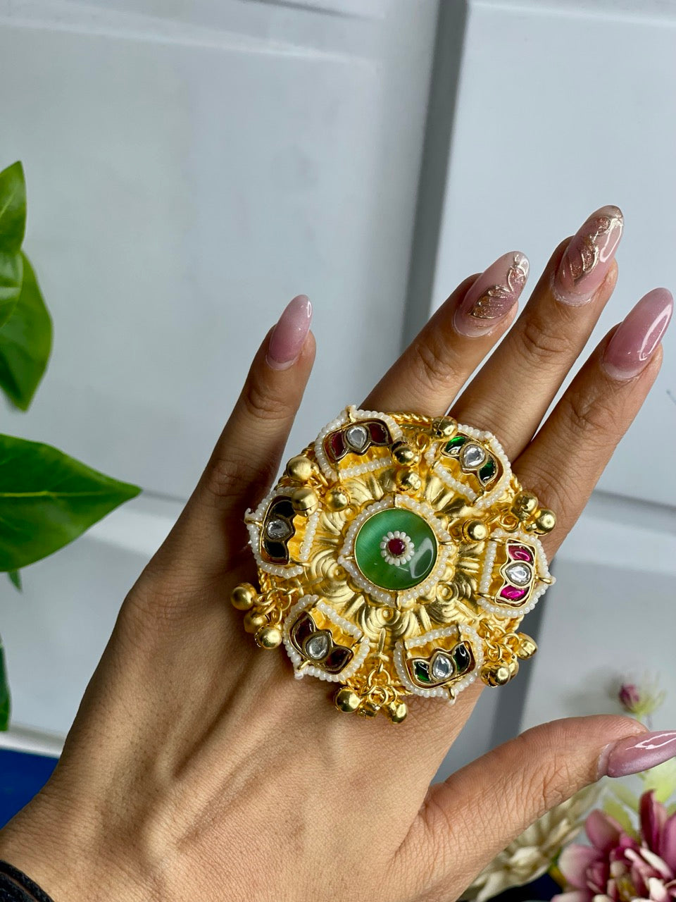Mint Floral Statement Kashmiri Ring